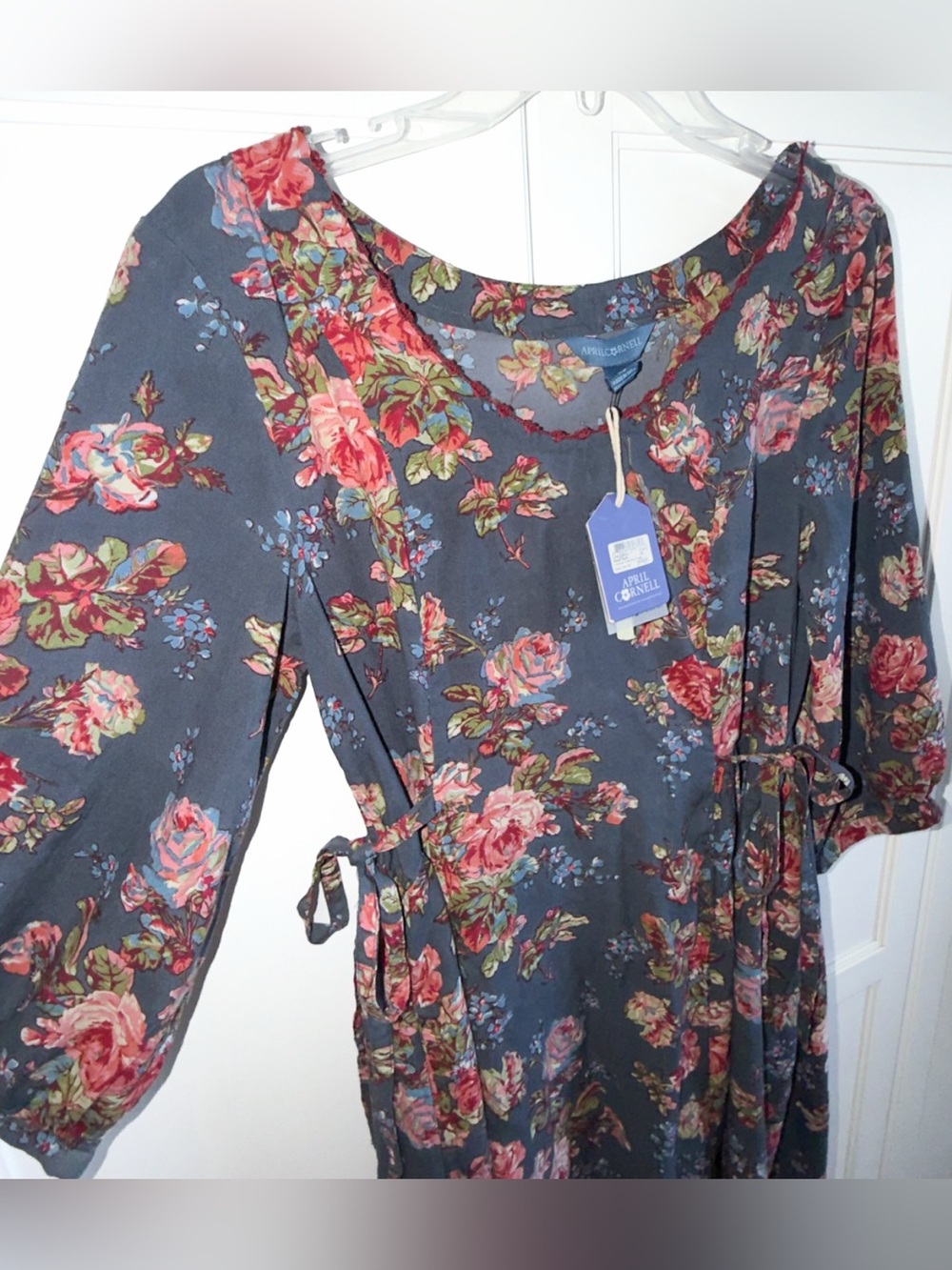 New! April Cornell Victorian Rose Slate Blue Midi Dress Pink Roses Side Ties - Picture 6 of 12